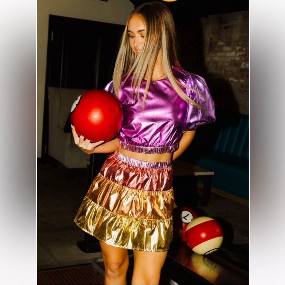 QOS- UEEN OF SPARKLES Shiny Pink and Purple Metallic Crop Top - Picture 2 of 5